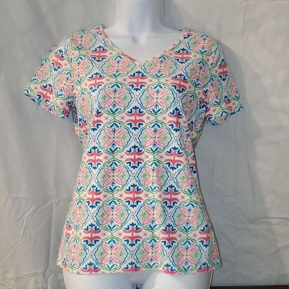 Talbots Tops - Talbots Women’s MP Petite Short Sleeve V-Neck Tee Geometric Floral Print Preppy
